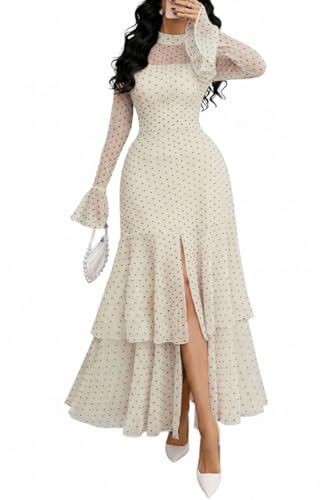 GothDark Womens Elegant Polka Dot Mesh Long Sleeve Dress Bell Sleeve Layered Ruffle Split Formal Wedding Guest Dresses