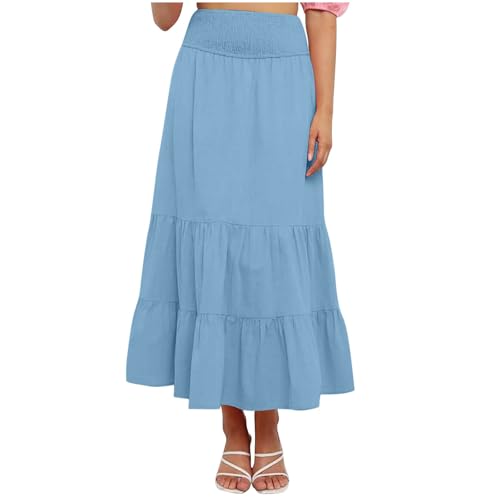Women Summer Midi Skirt Casual Elastic High Waist Pleated A-Line Solid Flowy Swing Tiered Beach Vacation Skirts