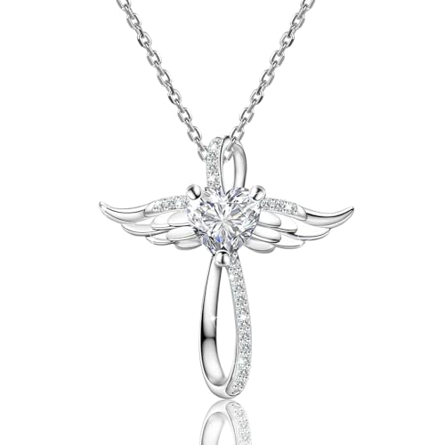 Sterling Silver Trendy Cross Pendant Necklace for Women Dainty CZ Angel Wings Hypoallergenic Jewelry with Silver Chain Fashion Birthday Gift for Women