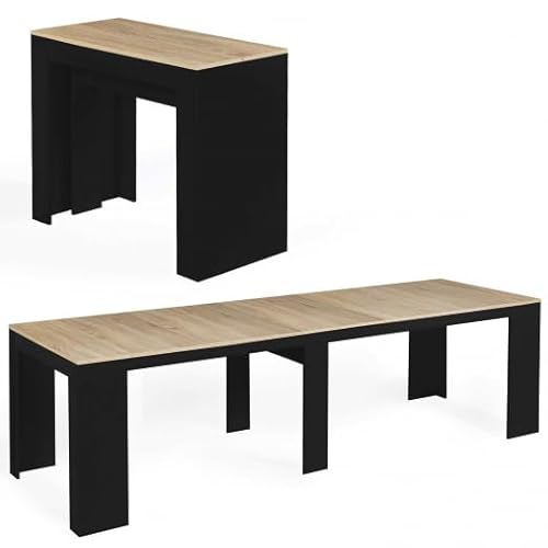 IDMarket – Mesa consola extensible Orlando 14 personas 300 cm madera negra y forma haya
