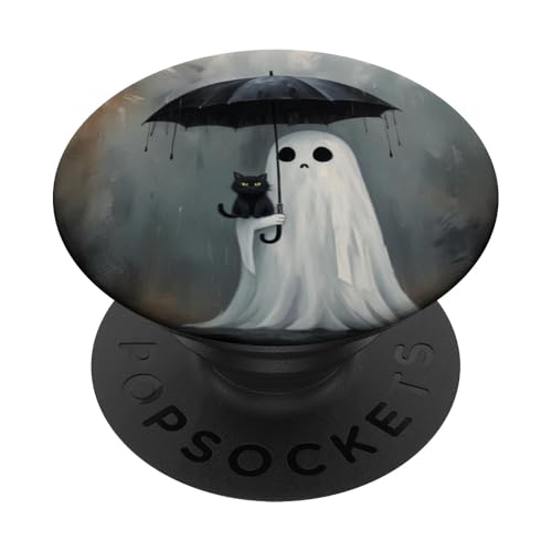 Ghost Holding Umbrella with Cat Halloween PopSockets Adhesive PopGrip