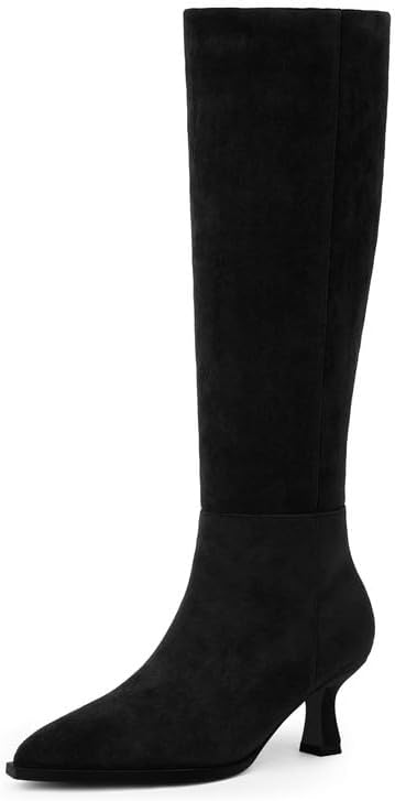 Modatope Knee High Boots Kitten Low Heel Faux Leather Pointed Toe Side Zipper Fall Long Tall Boots for Women