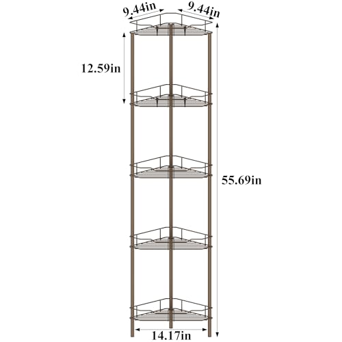 Image of HuggieGems 5 Tier Floor Standing Corner Shower Caddy Organizer Shelf with Hooks, Bathroom Shelves Stand Rack, Bronze
