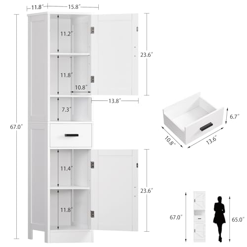 Image of TEENFON 67 inch H Bathroom Storage Cabinet with Barn Doors & Adjustable Shelves, Bathroom Cabinet with Drawer, Narrow Bathroom Storage Unit, Floor Cabinets for Living Room, Kitchen, White