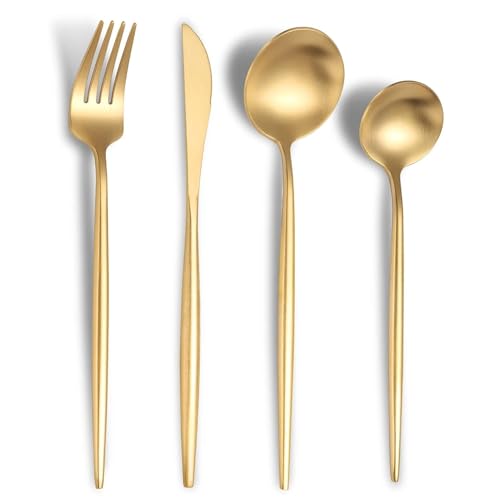 Image of aDai Aurum Gold Silverware Set | Satin Finish 4-Piece Stainless Steel Flatware Set | Dishwasher Safe Cutlery for Home, Restaurant & Gifting