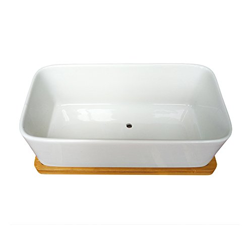 LANKER 6.5 Inch Rectangle White Ceramic Succulent Planter Pot Decorative Cactus Plant Pot Flower Container with Bamboo Tray (Rectangle 6.5 Inch)