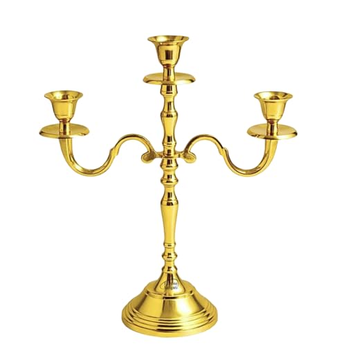 Image of 3 Arm Aluminum Candelabra Gold 16 Inch | Decorative Candelstick Holders for Home Decor, Wedding Parties Decoration & Centerpiece for Dining Table