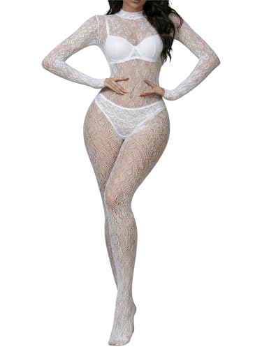 Eagerlove Body en Résille Femme Combinaison Léopard en Dentelle Body Intégral Une Pièce Lingerie en Maille pour Soirée Club Blanc Taille Unique