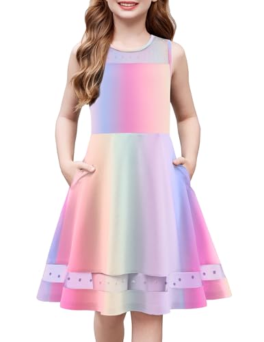 Arshiner Vestito per Ragazze Abito Estivo Arcobaleno Senza Maniche per Bambini in Rete per Feste Abiti Scolastici Abito da Compleanno con Tasche 11-12 Anni