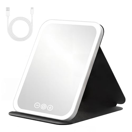 Lunaanda Espejo Maquillaje con Luz Recargable, 3 Colores de Luz, Brillo Ajustable, Espejo de Viaje, Espejos Plegables con Sensor Inteligente y Control Táctil
