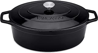 vancasso Cast Iron Pot, 3 Liters Round Shallow Casserole Dish with Lid, Natural Non-Stick Slow Cook Enameled Cast Iron Dutch Oven, Blue Exterior with Cream Interior, 28cm