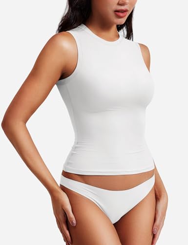 Image of YEOREO Women Basic Mock Neck Workout Crop Top Sleeveless Double Lined Tank Tee Slim Fitted Ruched Going Out Camisole