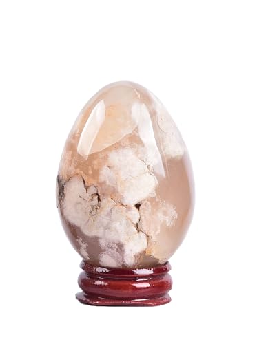 Image of AMOYSTONE Sakura Agate Egg 2.3-2.7 inch Display Piece with Wood Stand for Office Decor - Unique Banded Natural Stone, Statement Shelf Decor for Living Room 5.3oz