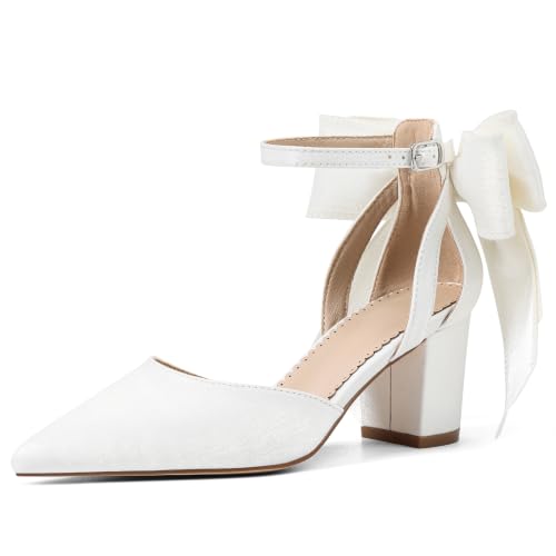 Yremael Women's White Bow Heels Pointed Toe Pumps Satin Ankle Strap Chunky Block Kitten Heel Dress Shoes - image 1