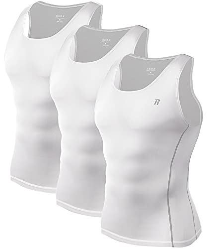 Runhit Compression Tank Tops for Men (3 Pack), Compression Spandex Sleeveless Muscle T-Shirts Workout Undershirt (White, L)