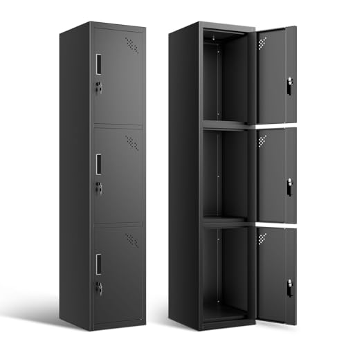 Image of DNA Motoring Metal Storage Cabinet for Employees with Keys, 71 inch Employees Metal Locker with 3 Doors, Tall Storage Lockers for Garage,Office,Home,Gym, Black, TOOLS-00789-BK-BK