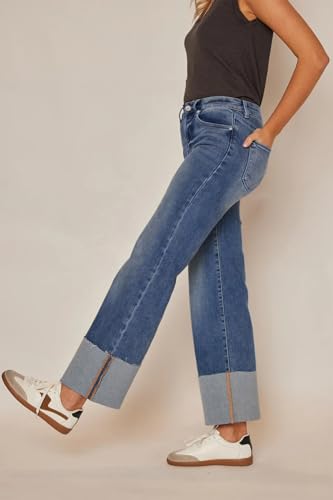 Lesore Womens High Waist Wash Denim Wide Leg Straight Leg Jeans Pants with Cuffed Hem4