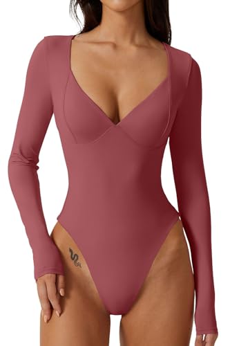 Image of QINSEN Women's Long Sleeve Bodysuit V Neck Body Suits Seamed Cup Going Out Tops Shirt