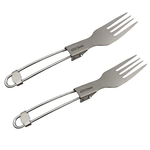 RISON-Titanium Folding Fork Ultra Light and Premium Quality 2PCS Camping Silver Fork Folding Handle for Camping Backpacking Hiking Fishing or other Outdoor Activities