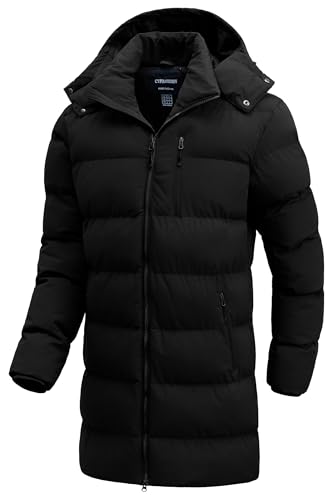 CTFASHION Puffer Jacket Men Winter Coat Extra Long Thicken Padded Quilted Waterproof Warm Ski Parka Coats Water Resistant Puffy Hooded Windbreaker Insulated Jackets Black S