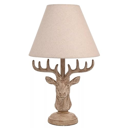Britalia Stag Head Table Lamp, Wood Effect, Rustic Brown, Linen Shade, E27 Base, 46x26cm, 1.35kg