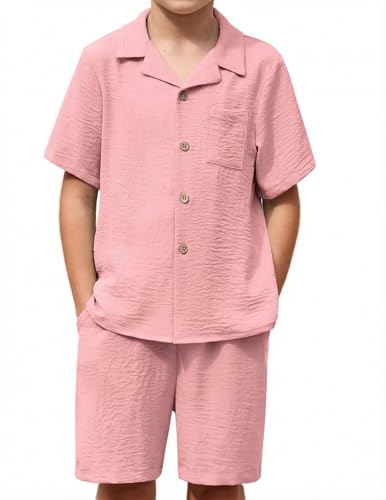 Image of Arshiner Boys 2 Pieces Summer Beach Outfits Short Sleeve Button Down Shirts and Shorts Vacation Texture Sets for Kids