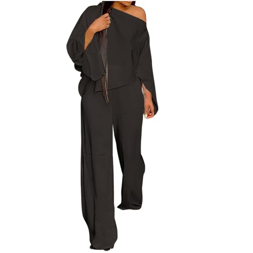 HGps8w Women's Dressy Satin 2 Piece Outfits Off The Shoulder Long Sleeve Blouses Fall Loose Business Going Out Pants Suits