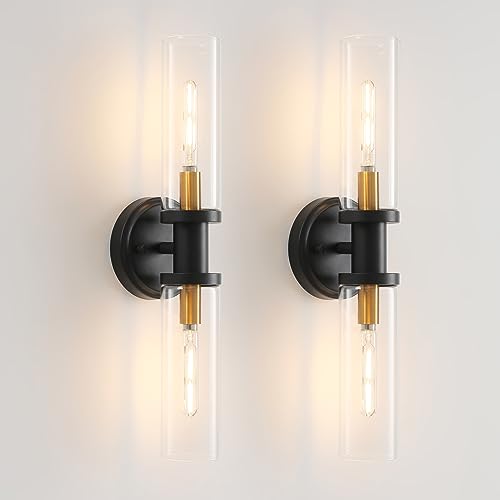 Wall Sconces Set of Two Black and Brass Gold 🔥🔥🔥 Wall Lamp Wall Lights with Clear Glass Shade Sconces Wall Lighting Wall Sconces Indoor Sconces Wall Decor Set of 2 Wall Scones, Wall Lights Set of 2