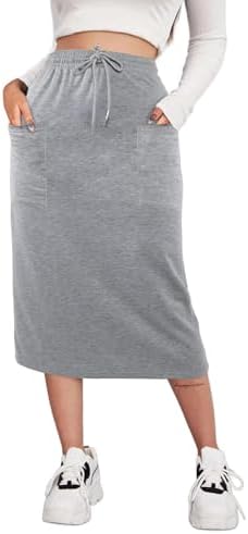 SOFIA'S CHOICE Women's Midi Skirt Drawstring High Waist Slit Skirts with Pockets