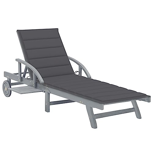 HaoChrymec Tumbona de Exterior, Hamaca Plegable con Cojín, Madera Maciza de Acacia, Respaldo Ajustable, Ruedas y Estante, Gris, para Jardín, Terraza, Piscina o Camping, 200 x 68 x 30/86 cm