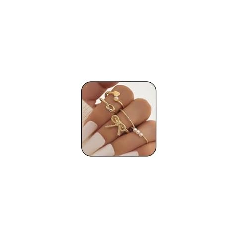 Frodete Gold Bow Rings Set for Women Trendy Ribbon Heart Rings Pearl Ring Silver Stackable Rings Adjustable Open Knuckle Midi Rings Jewelry Gifts Cover