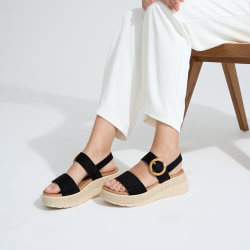 Image of UBFEN Womens Espadrille Platform Sandals Low Wedge Heel - Orthopedic Arch Support, Cushion Insole, Comfortable Dressy Buckle Sandals for Walking and Vacation