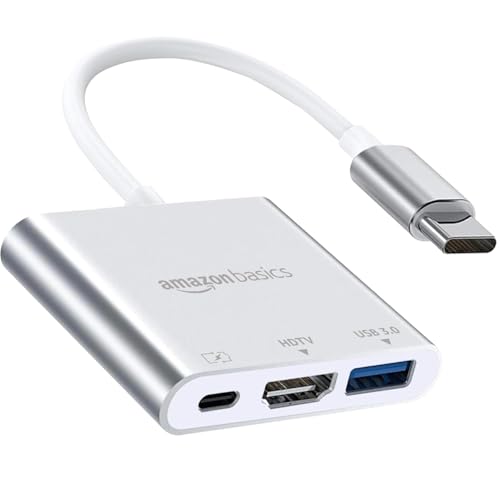 Image of Amazon Basics 3-in-1 USB Type C to HDMI Adapter 4K@30Hz, 100W PD Fast Charging Port, USB A 3.0 @5Gbps Speed, MultiPort HUB for MacBook Pro Air, Windows, Laptop, Tablet, Smartphone & All Type C Devices