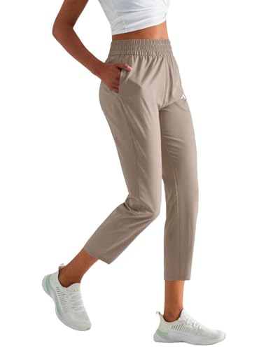 AEIKINISIS Women's Ankle Pants with Deep Pockets, 7/8 Length, Stretch Fabric, Workout and Outdoor Sports Quick Dry (Small, Khaki)