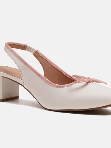 Image of JM LOOKS Women Slingback Block Heels with Bow Detail Closed Round Toe Pumps Dress Shoes