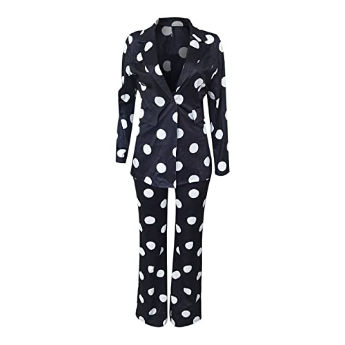 Women's Suiting 2 Piece Polka Dot Blazers Business Casual V-Neck Long Sleeve Blazer Jacket and Wide Leg Pants Set4