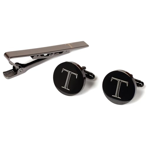Image of Mens Initial Cufflinks and Tie Clip A-Z Alphabet Letter Black Stainless Cuff Links Tie Bar with Engraved Walnut Wood Box Groom Groomsman Wedding Set