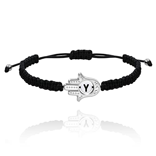 Image of Uloveido Customized A to Z 26 Letters Hand of Fatima Bracelet - Fatima Hamsa Hand Evil Eye Protection Bracelet Lucky Charm Adjustable Braided Black String