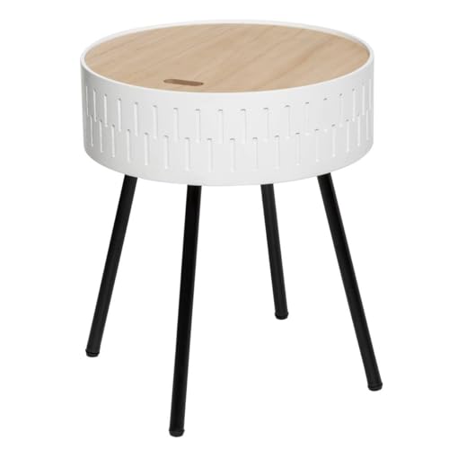 Atmosphera - Table d'Appoint Coffre Shiro - Blanc et Bois - D. 38,5 x H 45,5 cm, Bois et Métal, Rangement Intégré - pour Salon, Chambre, Bout de Canapé