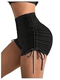 OYOANGLE Women's Drawstring Side Ruched High Waisted Biker Shorts Yoga Gym Scrunch Booty Shorts Black Small