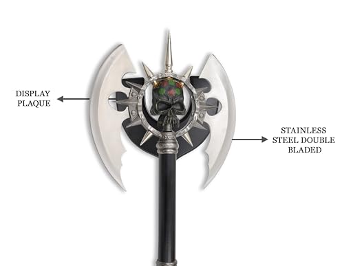 BladesUSA – Fantasy Axe – Full Size Fantasy Medieval Battle Axe, Dual Blades and 11 Steel Spikes Around Center Skull. Wire Wrapped Handle, Display Plaque - SW-701 – Collectible, Display, Replicas Silver