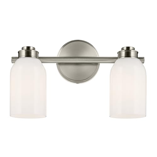 Image of Kichler Shae 2-Light Bathroom Vanity Light, Brushed Nickel | White opal glass vanity light for modern bathroom mirrors (15 inch x 9 inch), 55201NI