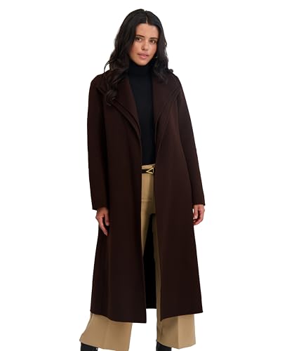 Tahari Women's Slim Fit Double-Faced Soft Wool Blend Wrap Coat with Tie Belt – Long Wool Coat, Chocolate, Medium