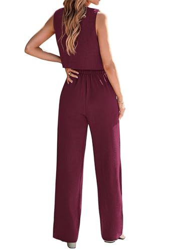 KIRUNDO Two Piece Outfits for Women Summer Sets 2026 Trendy Button Crop Vest Wide Leg Pantsuit Matching Set Spring Fashion Clothes(Wine Red, XX-Large) — view 2