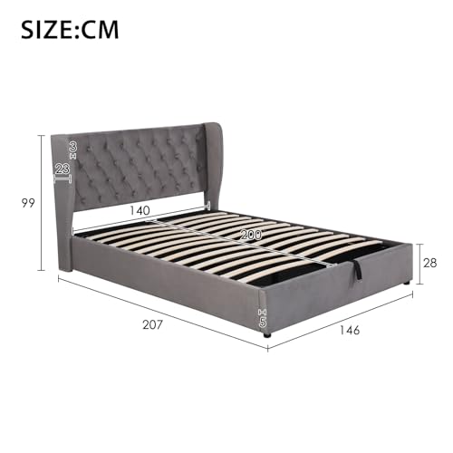 KOMHTOM Bett mit Stauraum, gepolstertes Doppelbett mit Kopfteil, für Erwachsene mit Lattenrost, Bettgestell (ohne Matratze) (Grau, 140 x 200 cm), SS28985960AAH – Bild 3