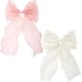 STSTR 2Pcs Large Hair Bow Clips, White Pink Silk Yarn Ribbon Bow Hair Barrette for Women, Elegant Long Tail Bowknot French Hair Accessories for Wedding, Parties, Festivals