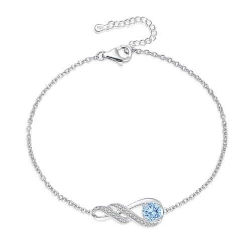 LOCIBLO March Birthstone Bracelets for Women 925 Sterling Silver Blue Created Aquamarine Bracelet White Gold Infinity Pendant Jewellery 6.7+1.2