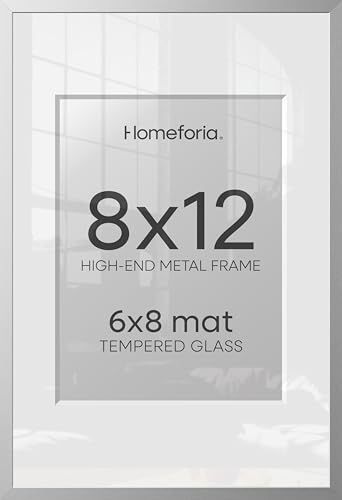Image of Homeforia 8x12 Silver Picture Frame, High-End Metal, 6x8 Mat, Glass | High End Aluminum, Tempered Glass, Acid-Free 6x8 Removable Mat, 8x12 in Edge-to-Edge Display 12x8, Wall Kit, Set Of 1