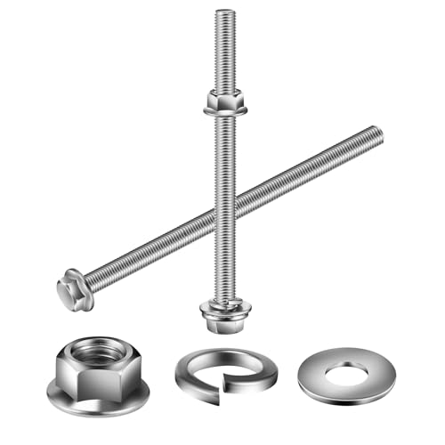 M10 x 100mm Flanged Hex Head Bolts, Nuts, Flat &amp; Lock Washers, 10Pcs 18-8 (304) Stainless Steel, Fully Threaded, by SG TZH