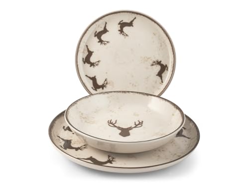 H&H Juego de Mesa Navidad 12 Piezas Wild Mocha en Gres - Platos Planos, Sopas y Postres con Diseño Tradicional y Acogedor, Ideal para Celebraciones Invernales y Festividades